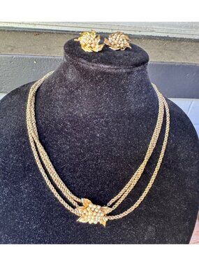 Crown Trifari Demi Parure 3 Strand Franco Chain Necklace Clip Earrings 1950s